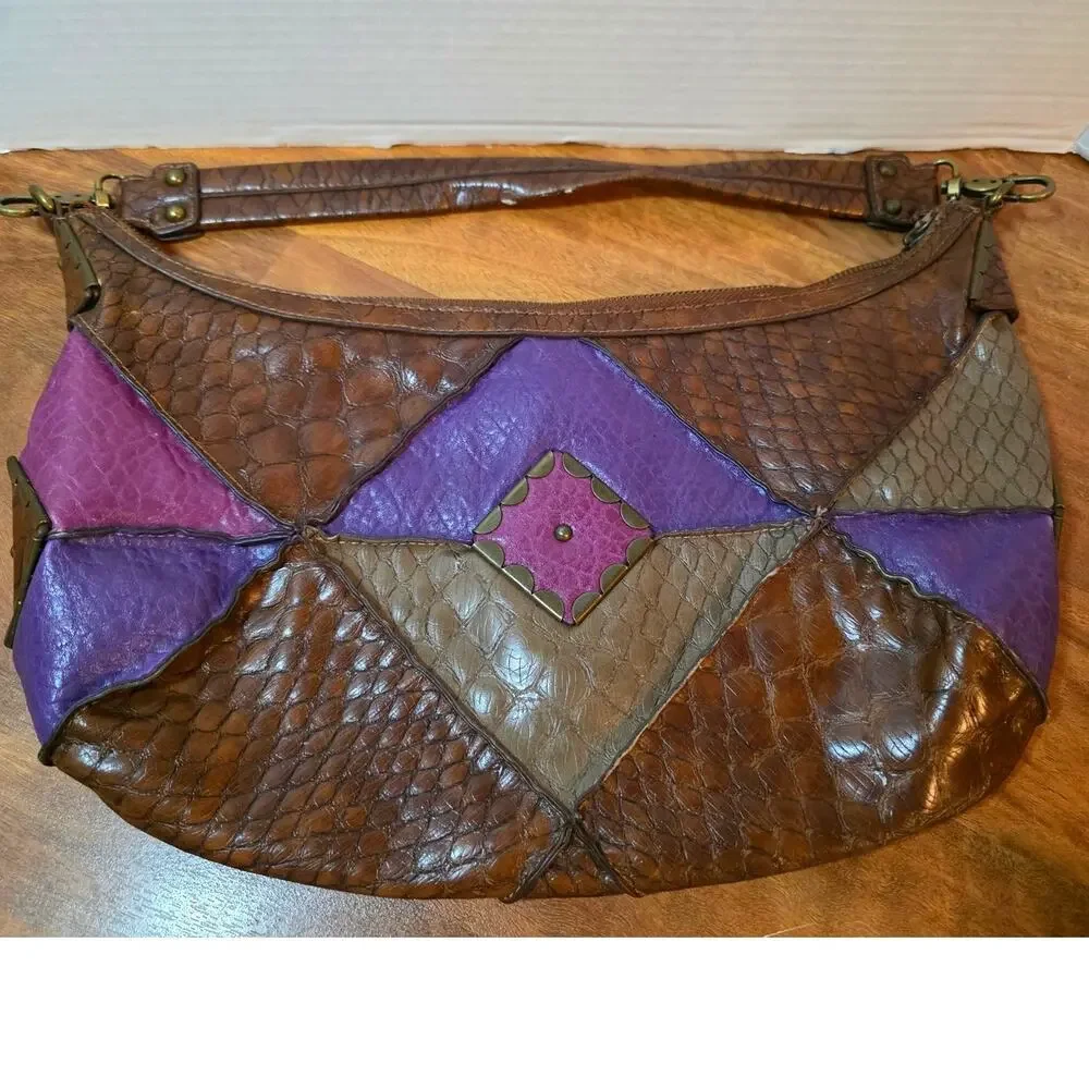 Jessica Simpson Y2K Patchwork Faux Leather Hobo Bag Purple Brown Handbag
